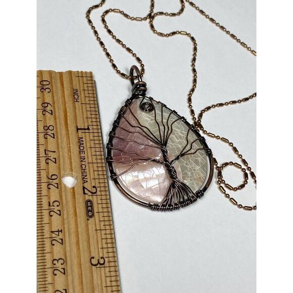 Necklace Mother of Pearl Tree of Life Wire Work Cooper Rose Gold Tone Chain 23” - Picture 4 of 13